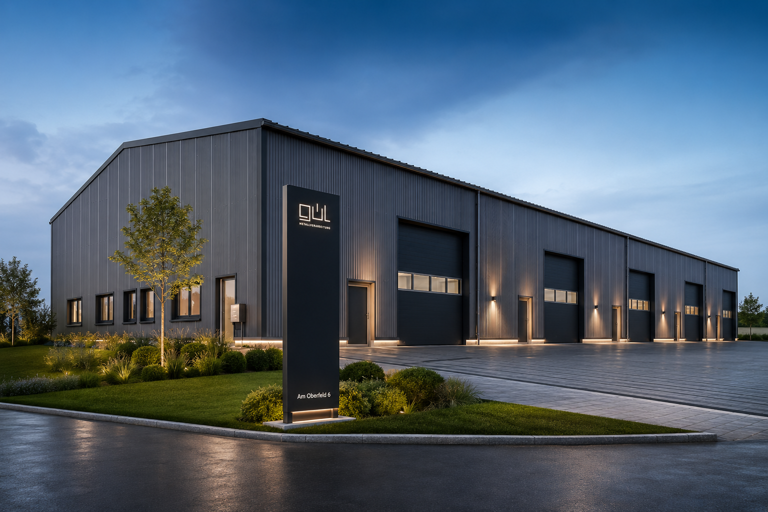 Firmenstandort der GÜL Metallverarbeitung – Hersteller von WHG-Auffangwannen, Auffangsystemen und Sonderkonstruktionen aus Stahl. Moderne Produktionshalle für die Fertigung von gesetzeskonformen Auffangwannen nach Wasserhaushaltsgesetz (WHG).